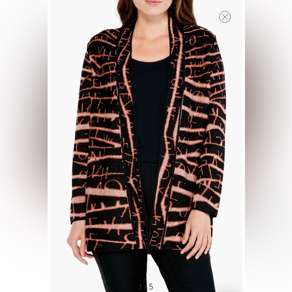 new! Nic+Zoe | Open Front Cardigan Knit long Sweater Black Abstract